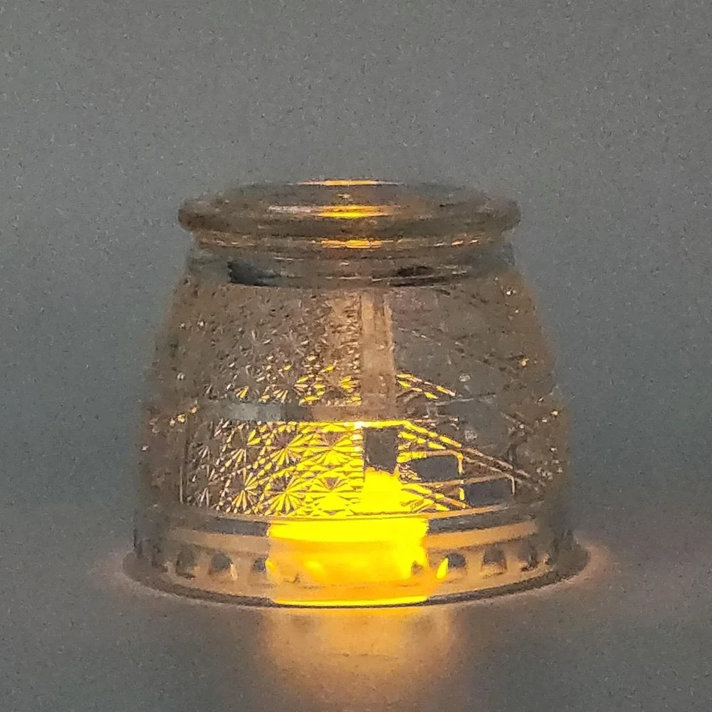Vintage KIG Clear Pressed Glass Starburst & Geometric Panel Votive Candle Holder